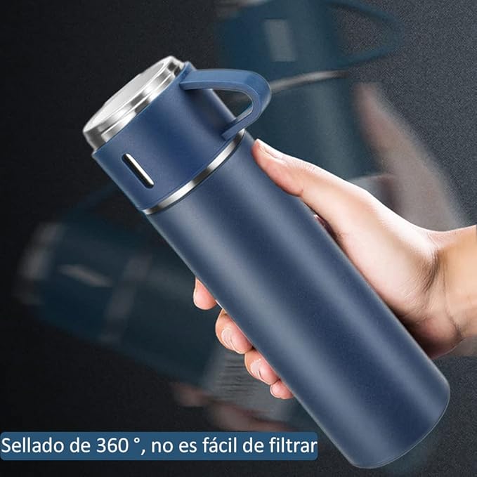 Set de Termo Premium "Compartir es Vivir" - Botella Térmica de 500ml + 3 Tazas de Acero Inoxidable (Incluye Cepillo de Limpieza)