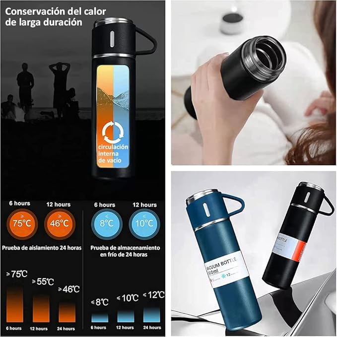 Set de Termo Premium "Compartir es Vivir" - Botella Térmica de 500ml + 3 Tazas de Acero Inoxidable (Incluye Cepillo de Limpieza)