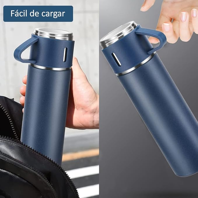 Set de Termo Premium "Compartir es Vivir" - Botella Térmica de 500ml + 3 Tazas de Acero Inoxidable (Incluye Cepillo de Limpieza)