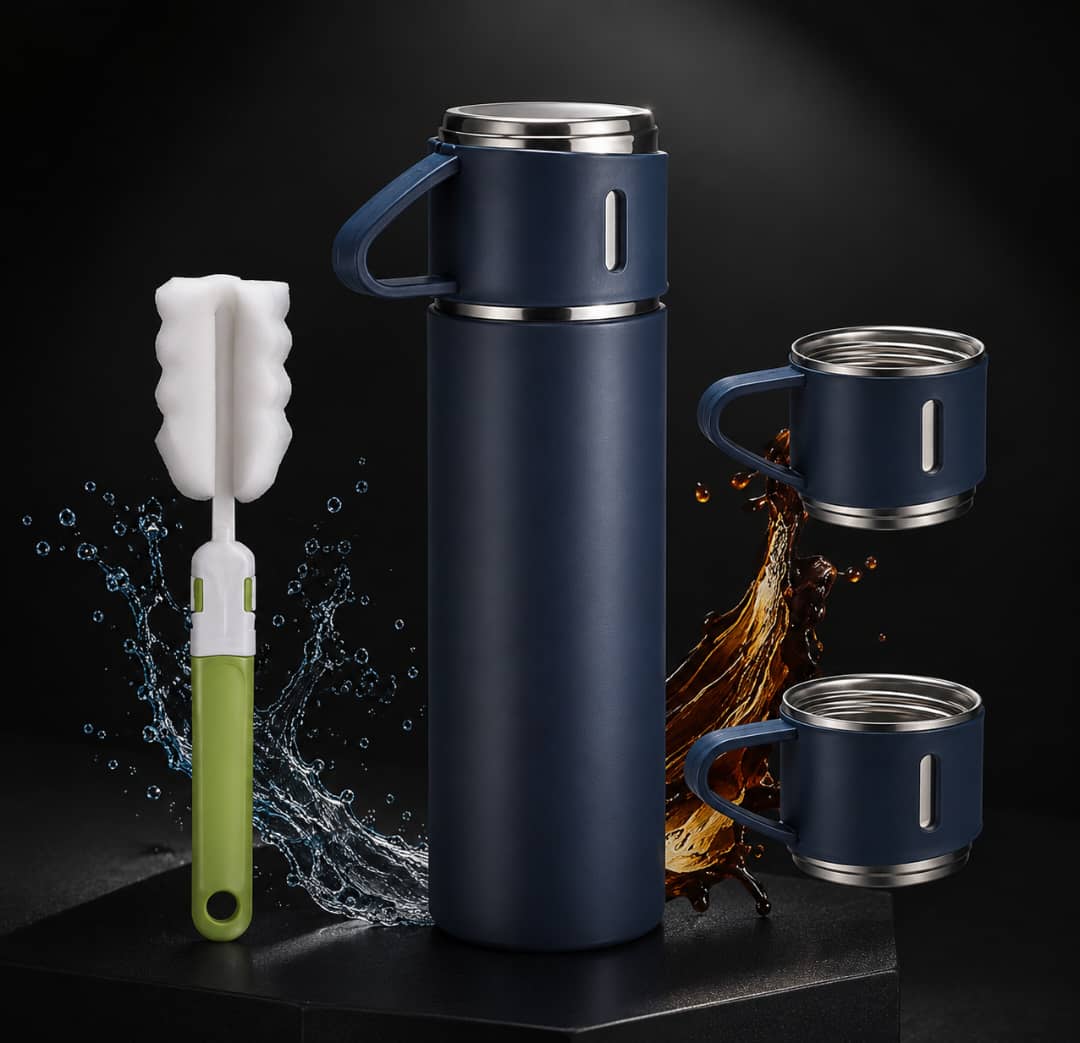 Set de Termo Premium "Compartir es Vivir" - Botella Térmica de 500ml + 3 Tazas de Acero Inoxidable (Incluye Cepillo de Limpieza)